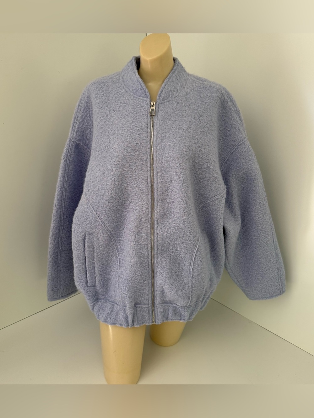 Zara Oversized Boucle Bomber Jacket Light Blue Textured Zip Up Size M/L 5070/642